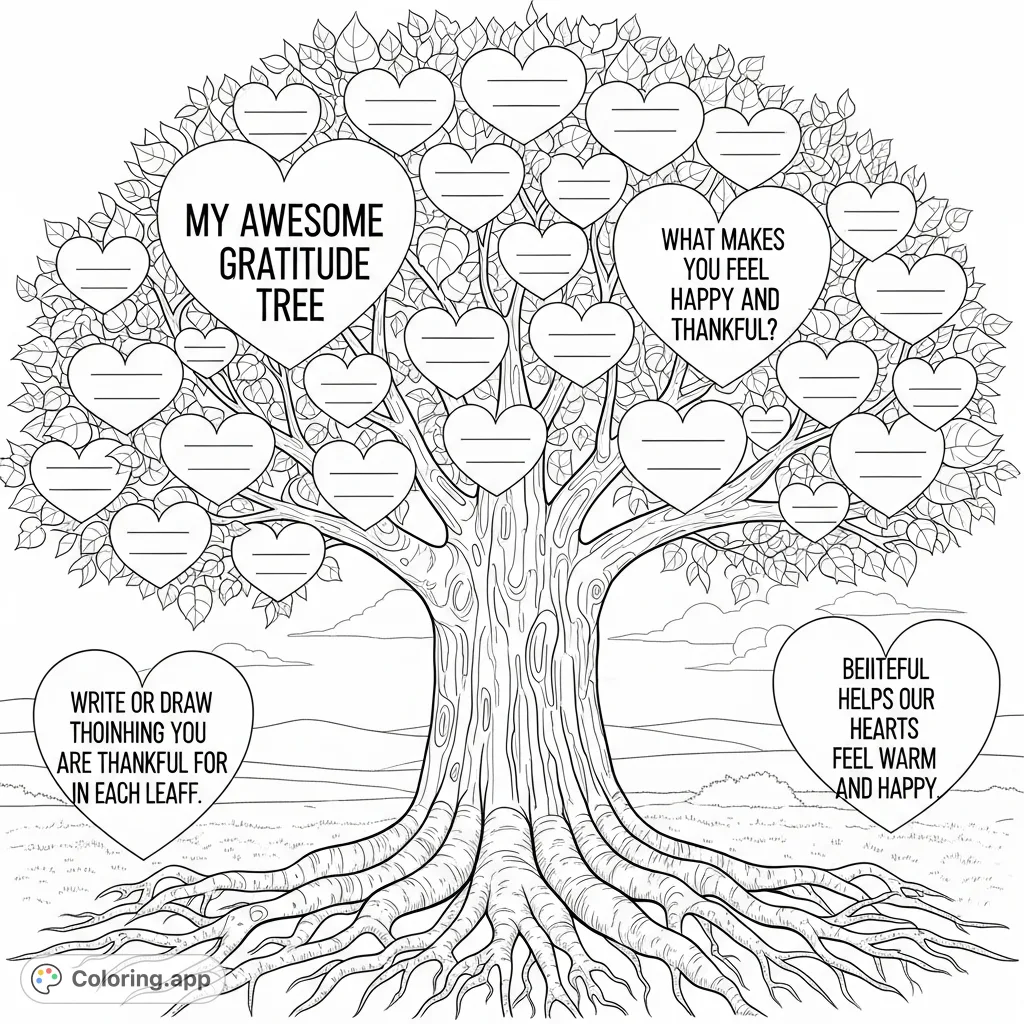 A majestic gratitude tree with heart-shaped leaves, some featuring inspiring phrases. A peaceful landscape invites reflection and creative expression.