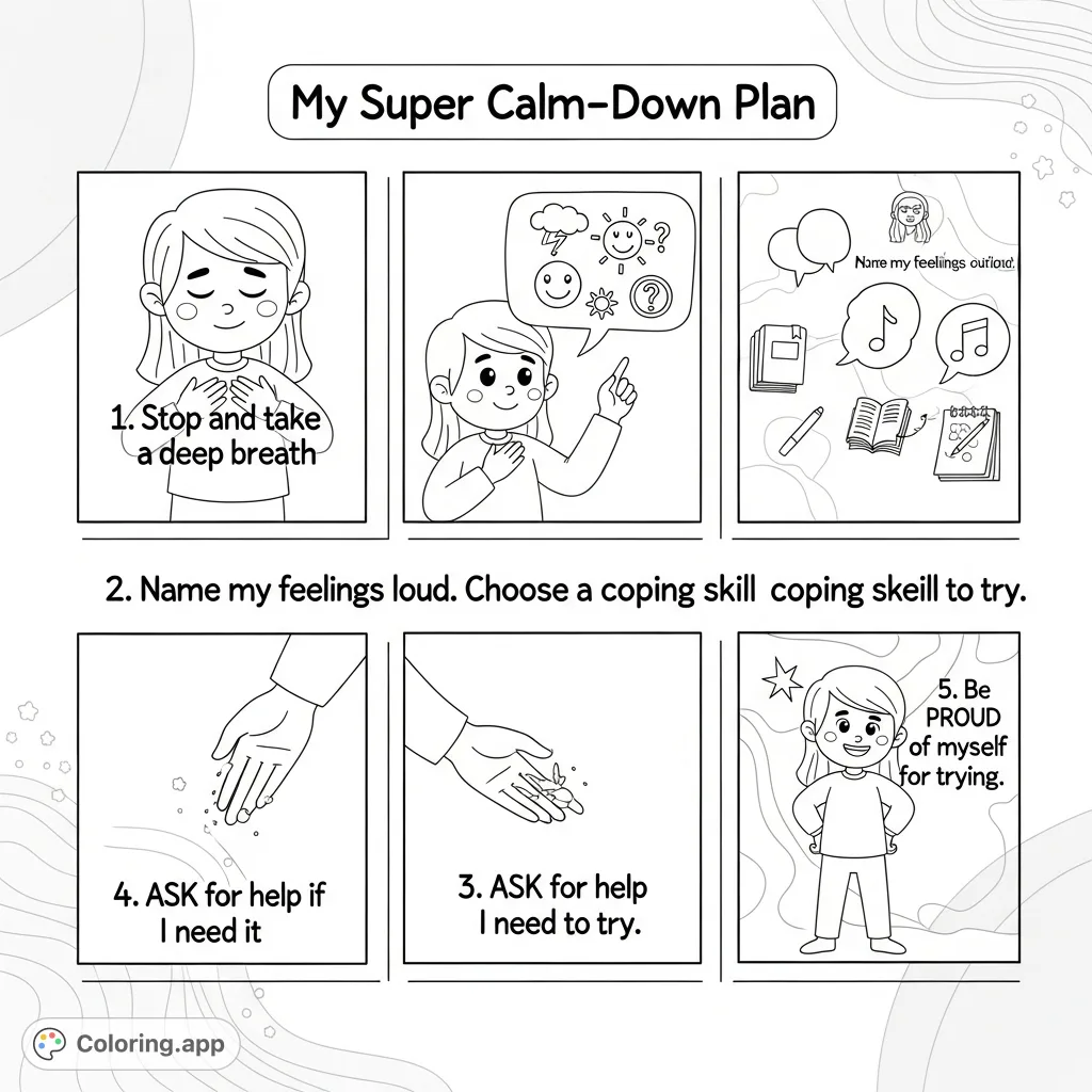A super calm-down plan coloring page featuring a friendly character demonstrating five steps for managing big feelings. A free printable coloring page for emotional regulation.