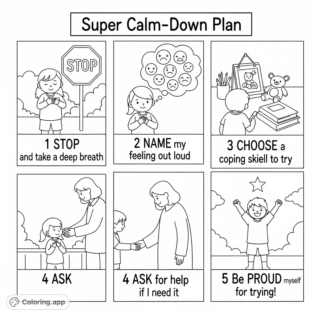 A free printable calm-down plan coloring page for kids, featuring five illustrated steps to help manage big feelings and promote emotional regulation.