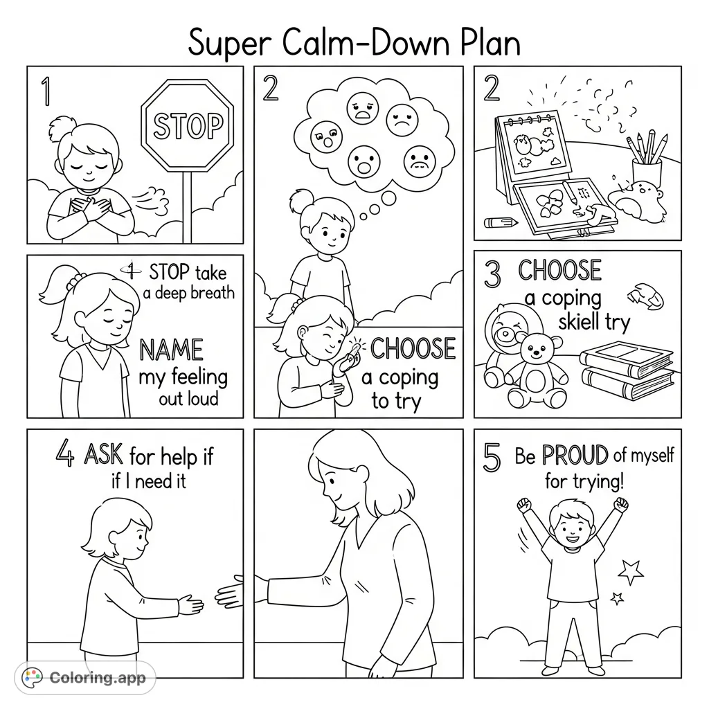A free printable calm-down plan coloring page for kids, featuring five illustrated steps to help manage big feelings and promote emotional regulation.