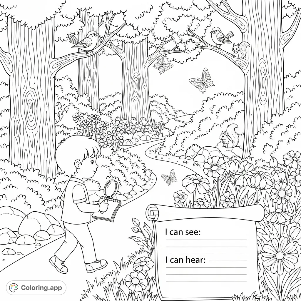 Embark on a nature walk with a curious child, observing wildlife and recording discoveries. A detailed scene with trees, flowers, and animals awaits your creative touch.