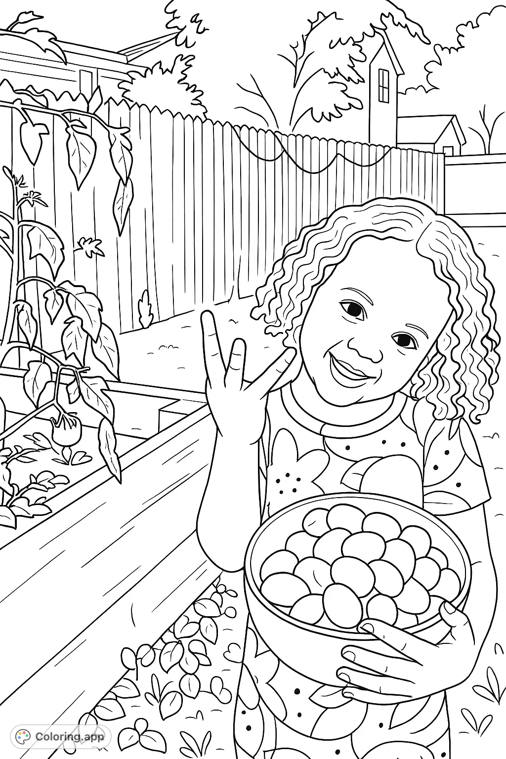 A joyful child proudly displays a bowl of freshly picked garden fruits, standing beside a raised garden bed. A delightful scene for young colorists.