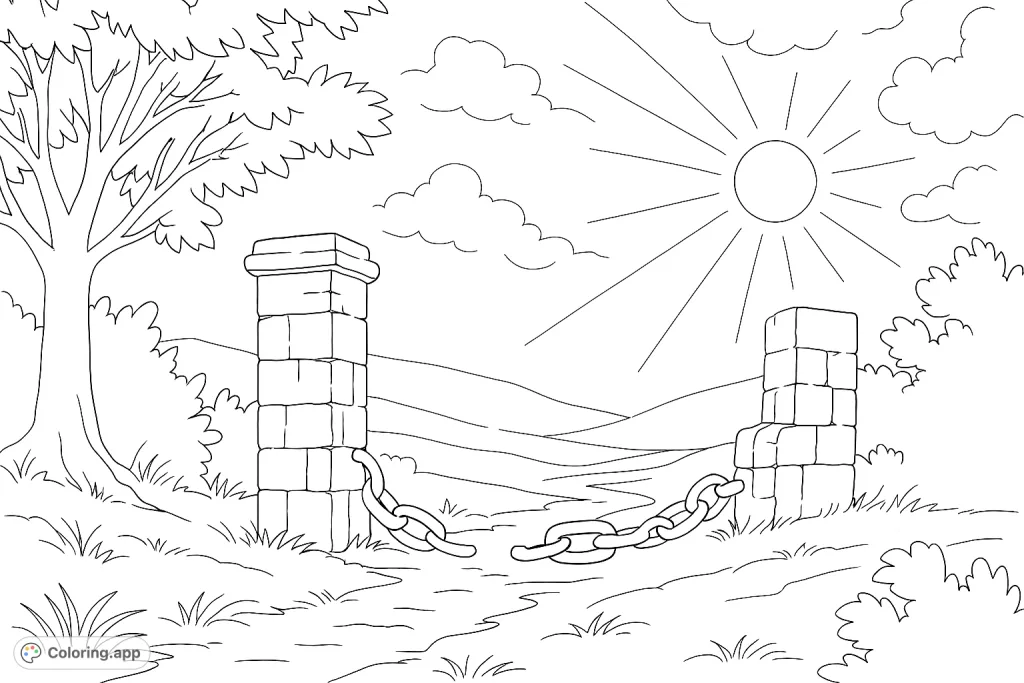 A serene landscape featuring ancient stone pillars, a winding path, and a majestic tree under a vast sky, inviting a journey of imagination.
