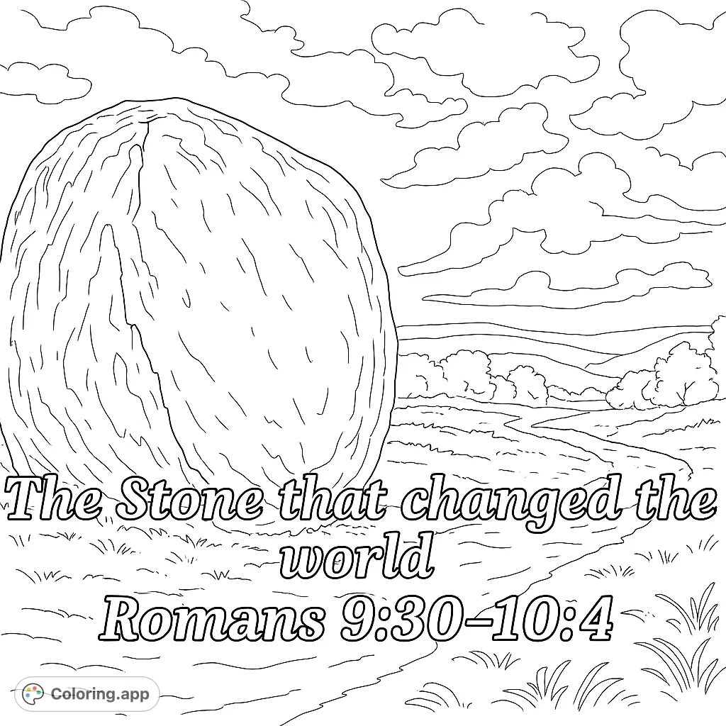 A grand boulder anchors a serene landscape, with a winding path leading through rolling terrain and atmospheric skies. Perfect for a calming coloring experience.