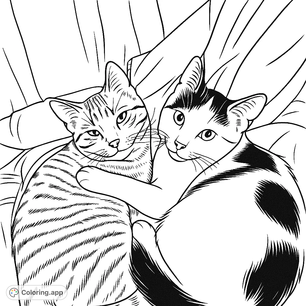 Two adorable felines are snuggled together on a cozy chair, offering a heartwarming scene perfect for a relaxing coloring experience.