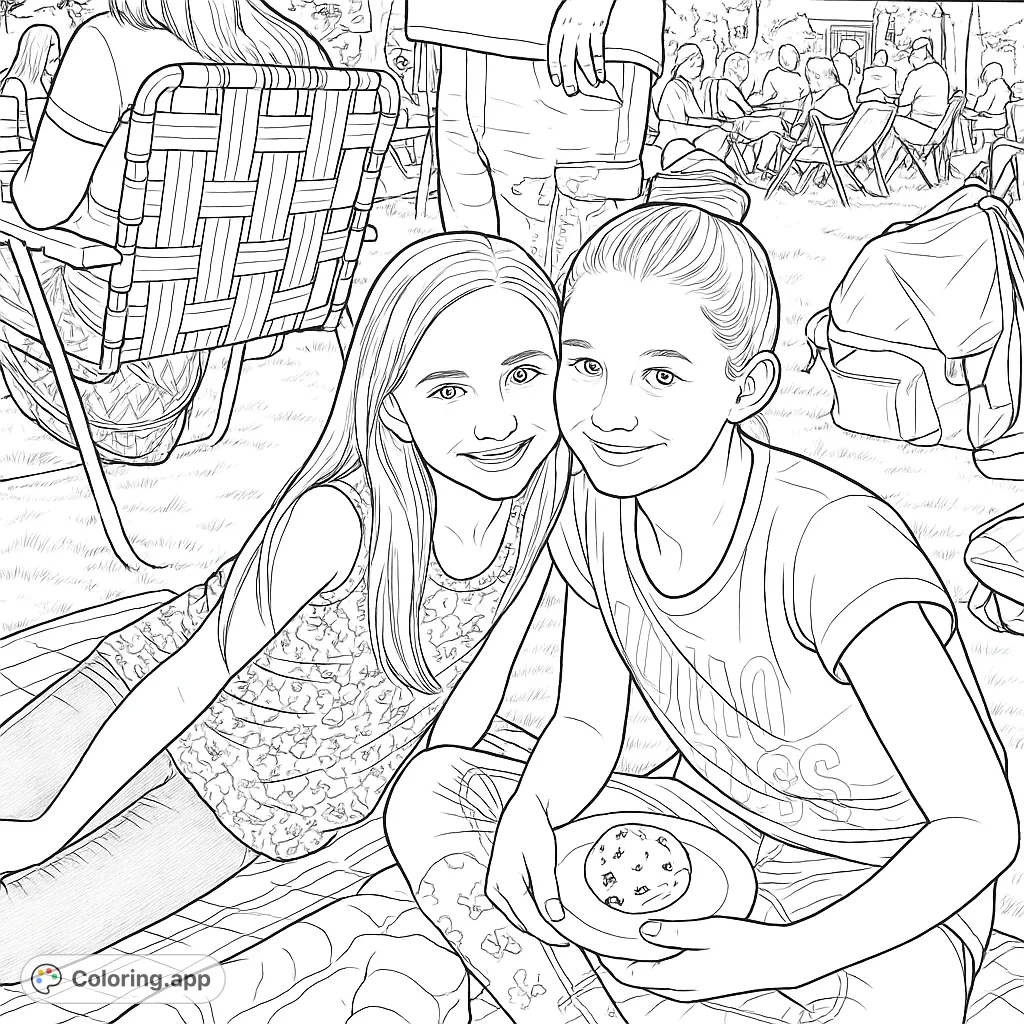 Two smiling girls enjoying an outdoor gathering, sharing a moment of friendship and snacks on a patterned blanket. A heartwarming scene for coloring.