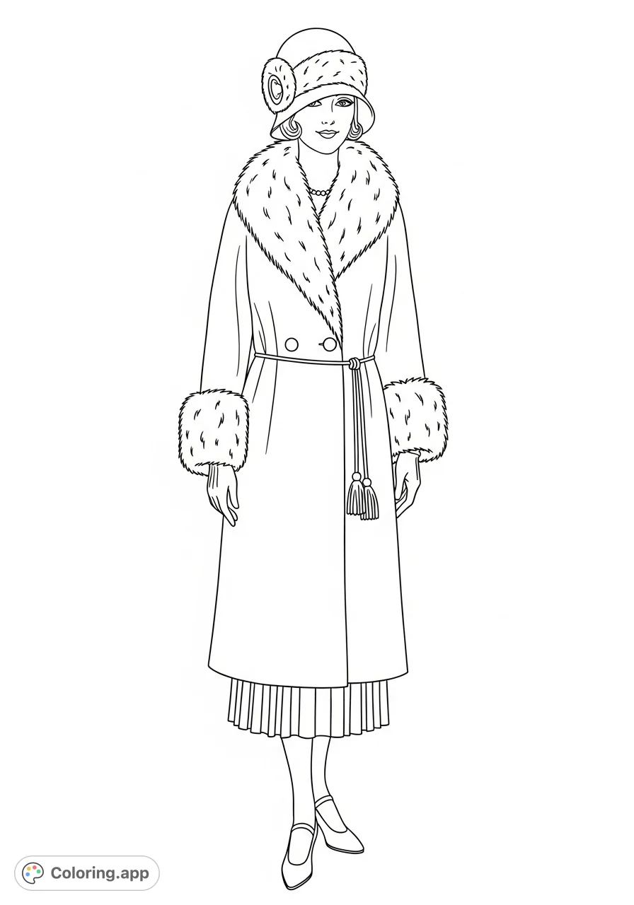 Step back in time with this elegant 1920s fashionable woman coloring page, featuring a cloche hat, fur-trimmed coat, and pleated skirt.