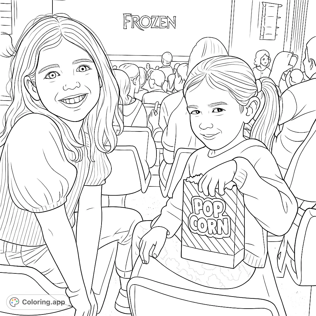 Two cheerful girls enjoy an outdoor event, one holding a popcorn box, surrounded by an audience. A fun scene for young colorists.