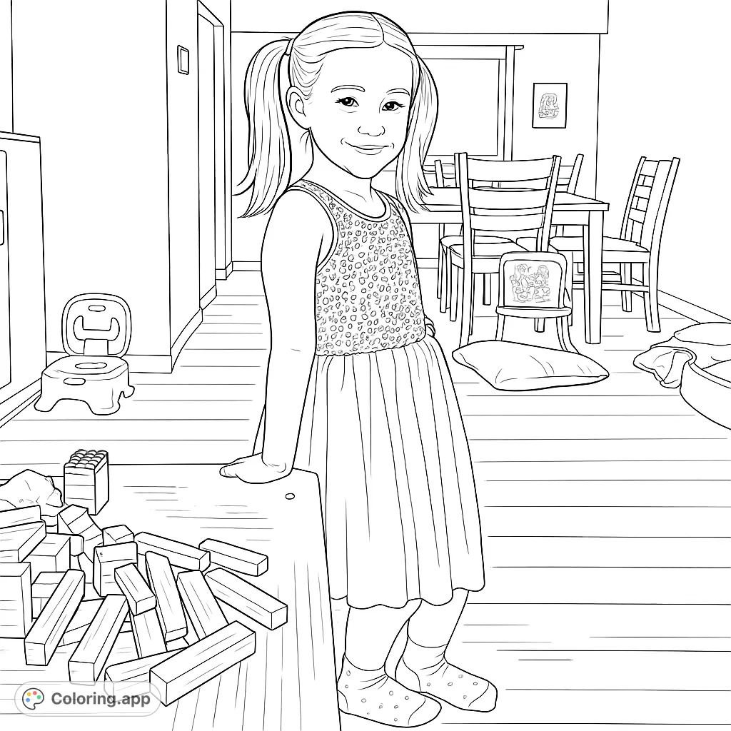 A cheerful girl with pigtails in a pretty dress, leaning on a table with blocks, surrounded by a cozy home setting. A delightful coloring page.