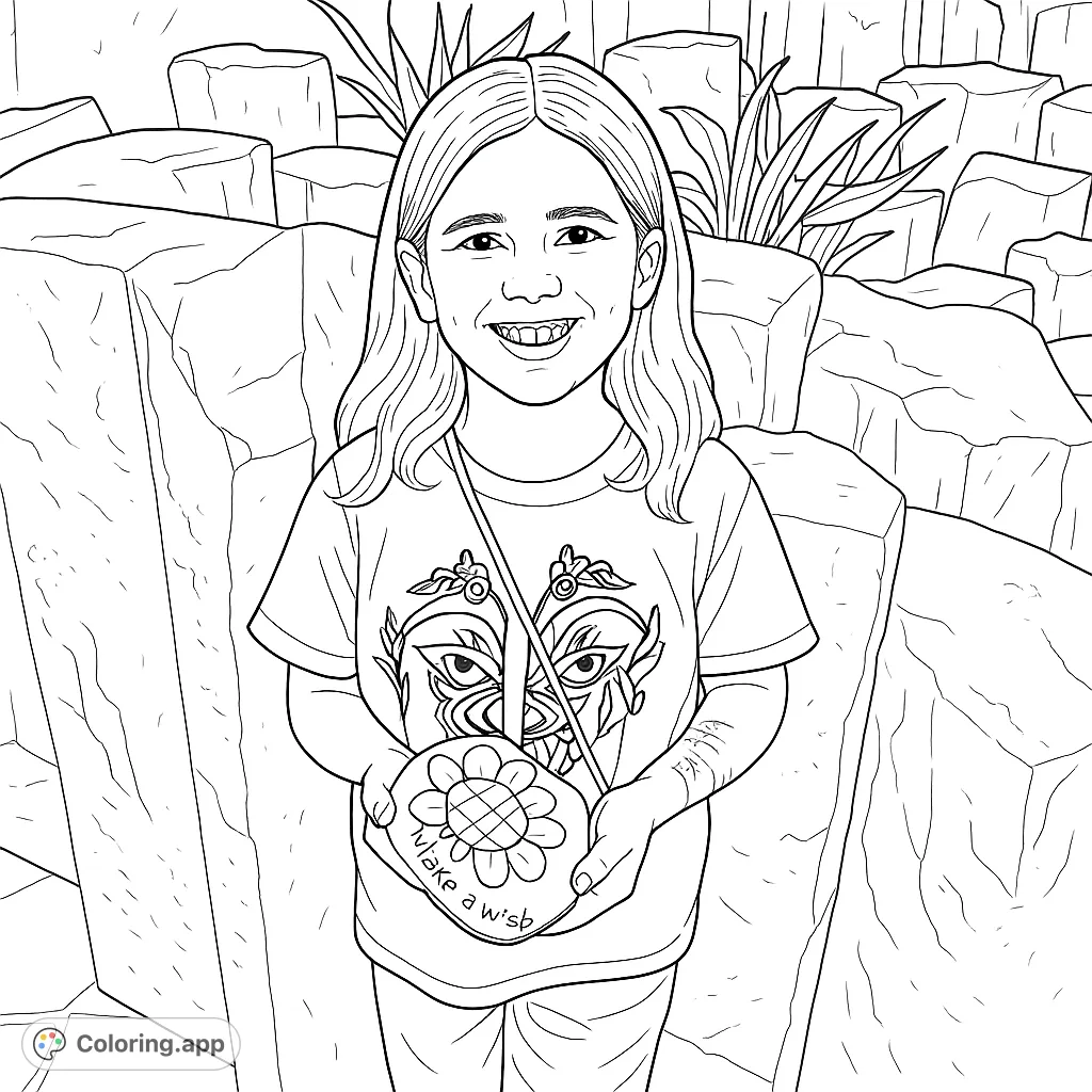A smiling child proudly displays a unique turtle-shaped item, standing against a textured stone backdrop. A heartwarming and engaging coloring page for all ages.