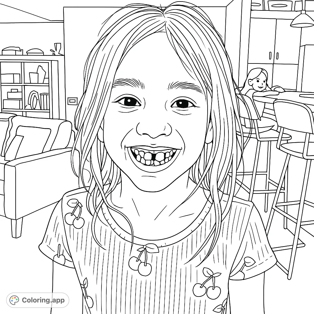 A delightful coloring page featuring a smiling child with a missing front tooth, wearing a cherry-patterned shirt. Perfect for celebrating childhood milestones.