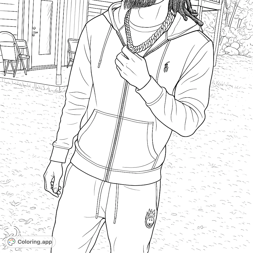 A modern individual in a comfortable tracksuit and striking chain, perfect for fashion enthusiasts to personalize with their favorite shades.