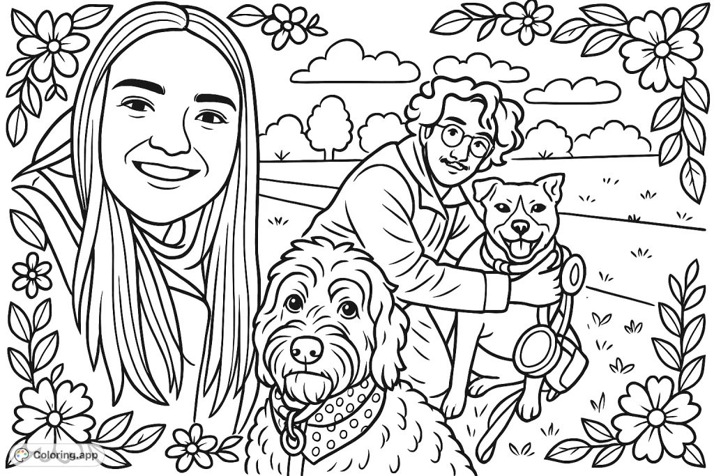 Enjoy a delightful park scene featuring two happy people and their two adorable dogs. A perfect free printable coloring page for animal lovers of all ages.