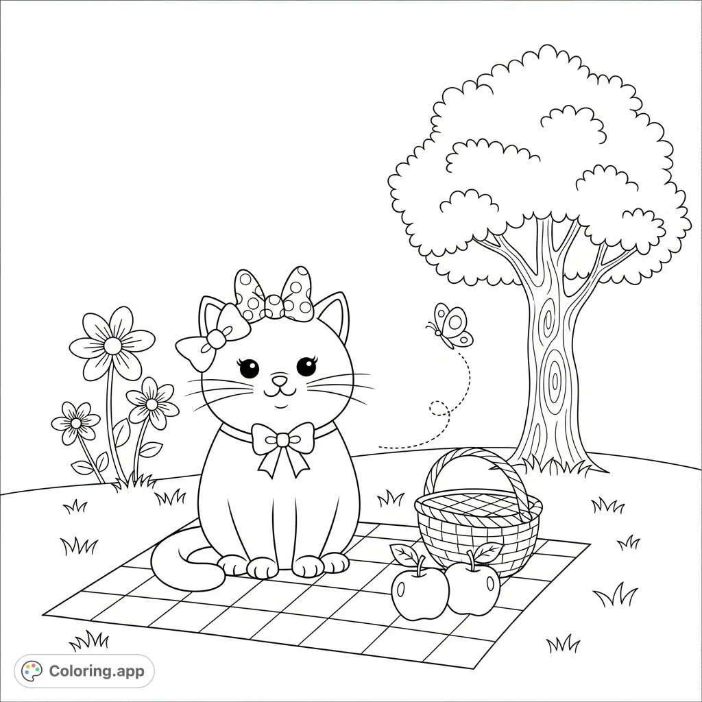 Join Minnie, the charming cat with a bow, on a delightful picnic in the park. This free printable coloring page features Minnie, a checkered blanket, basket, apples, and a fluttering butterfly amidst stylized flowers and a tree.