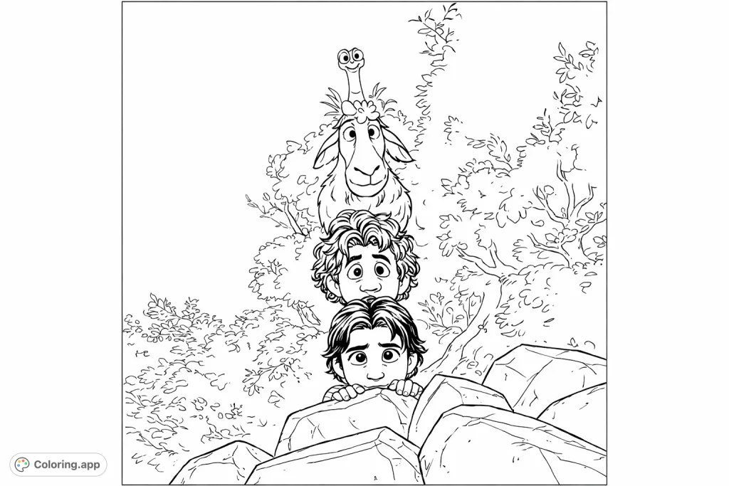 A fun adventure scene featuring two characters and their animal friends (a sheep and a bird) stacked up, peeking over rocks with curious expressions.