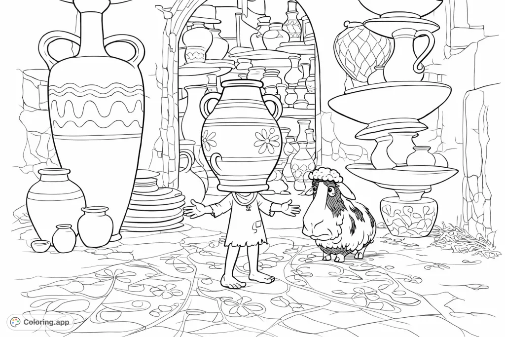Explore a whimsical pottery shop with a unique figure wearing a pot as a hat and a fluffy sheep companion, amidst shelves of ancient vessels and patterned floors.
