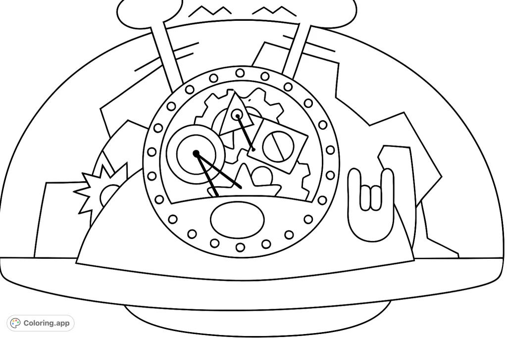 A fun, abstract machine with visible gears and whimsical elements, perfect for creative coloring.
