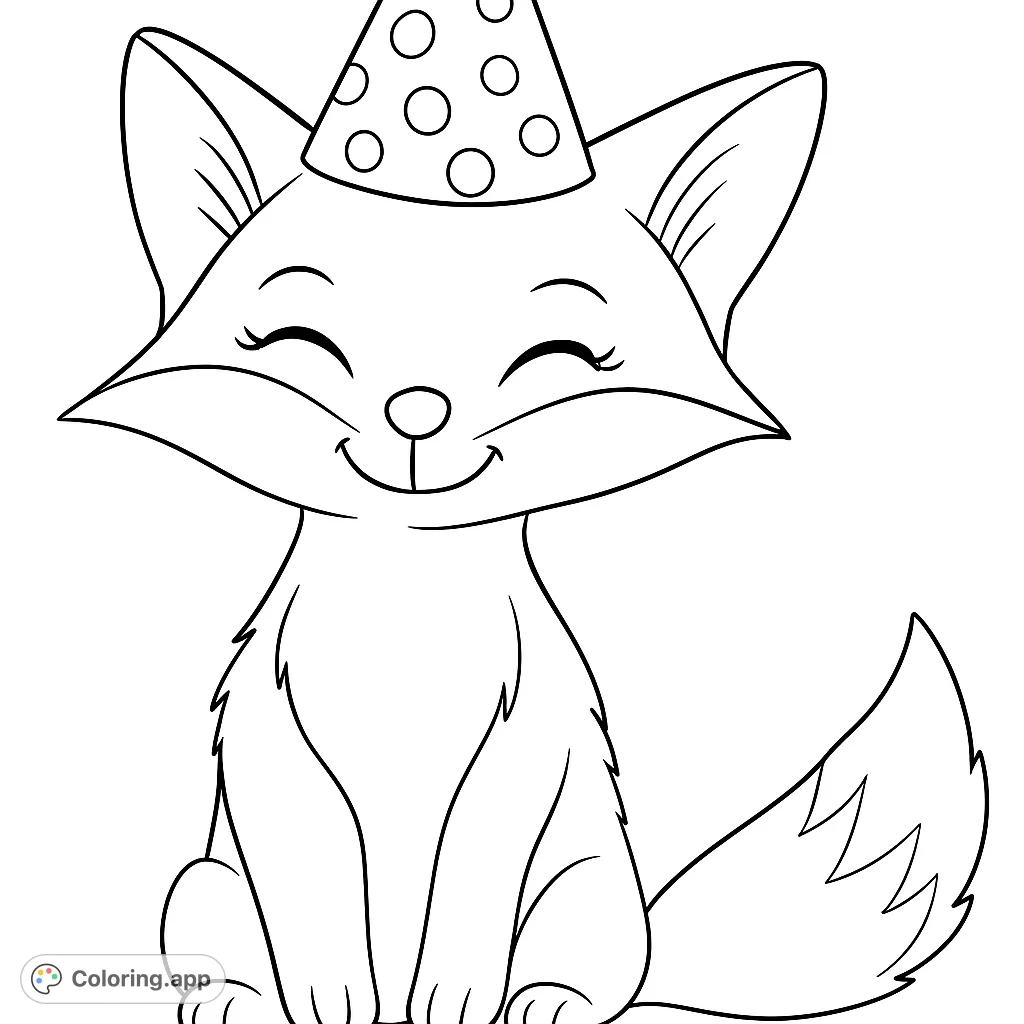 A charming fox wearing a festive party hat, eyes closed in a joyful smile. Perfect for a fun and whimsical coloring experience.