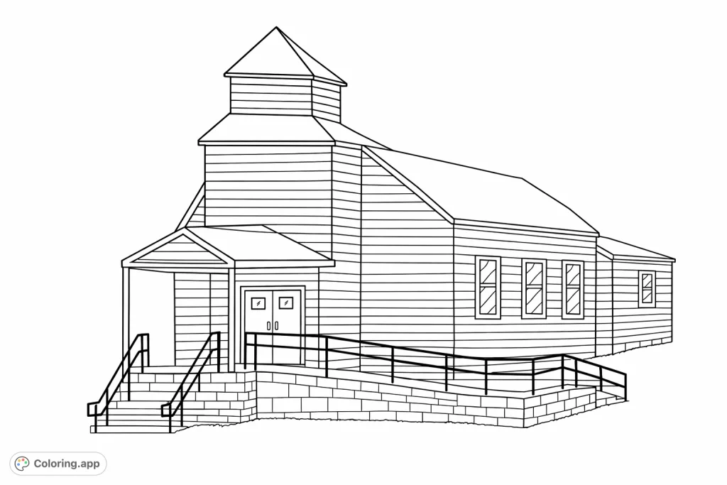 Explore a charming old schoolhouse coloring page, featuring horizontal siding, a tower, and intricate architectural details, perfect for history enthusiasts.