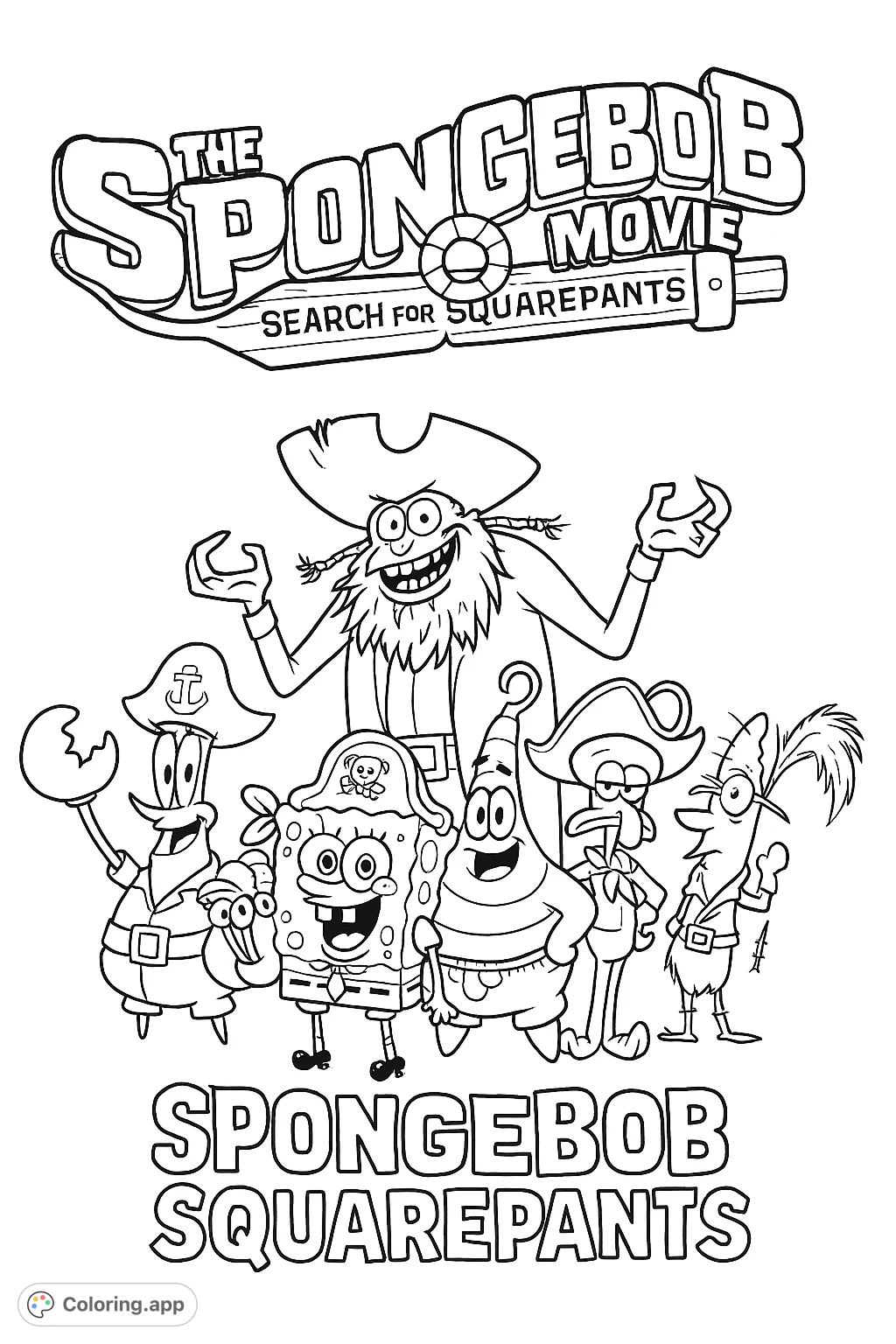 Join Spongebob and friends on a grand adventure! This fun coloring page features the beloved characters from the movie, ready for your creative touch.
