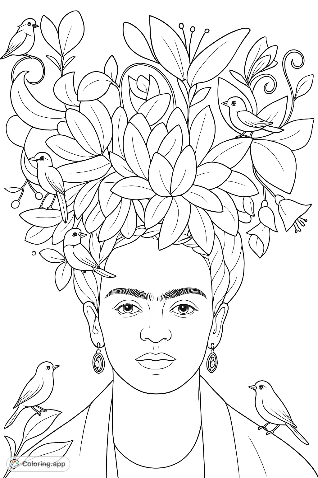 An artistic portrait of a woman adorned with a magnificent floral headdress and charming birds. A beautiful and intricate design for creative expression.