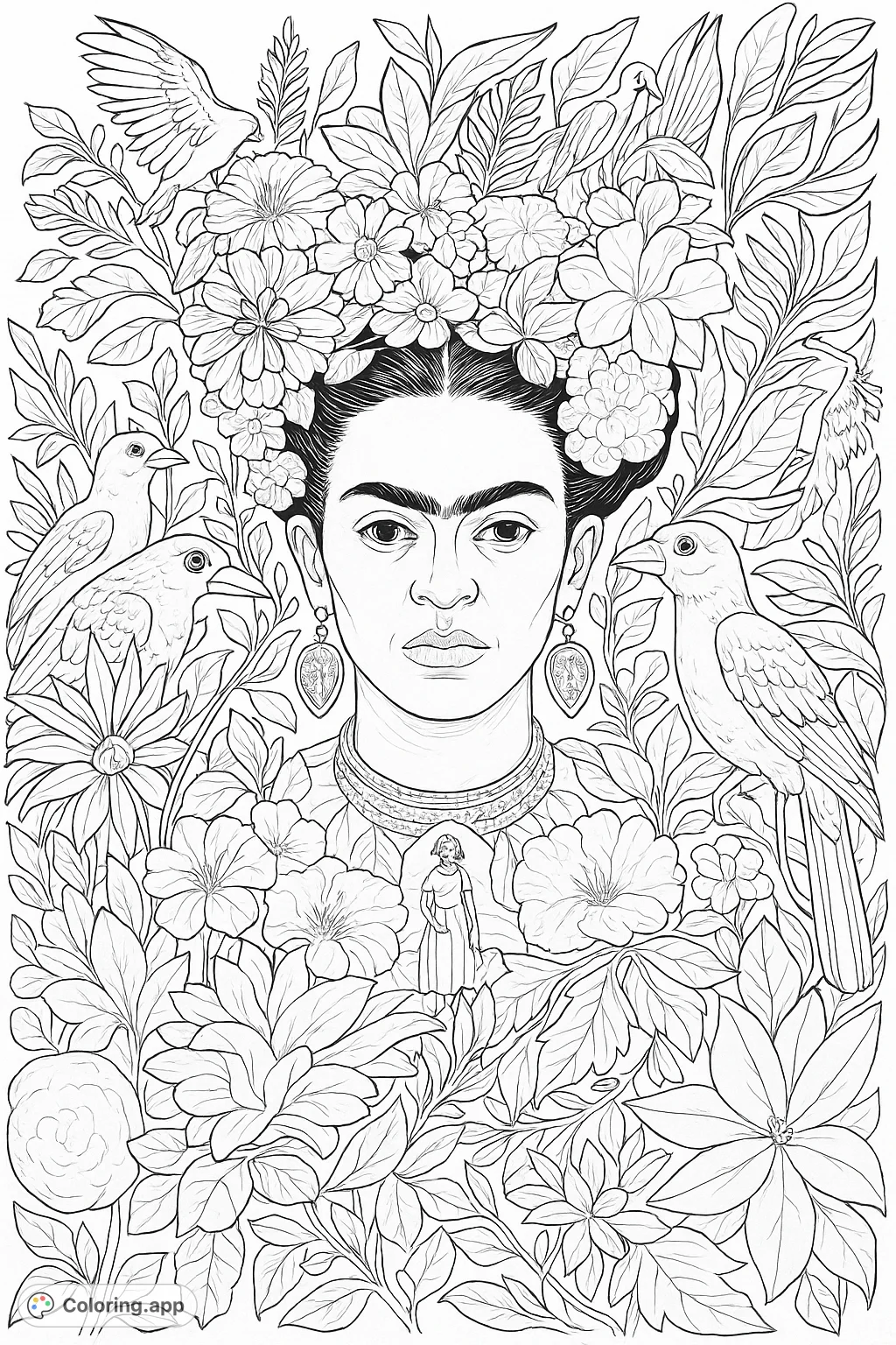 A captivating portrait of a woman adorned with a crown of intricate flowers and surrounded by exotic birds and lush foliage. A beautiful botanical scene.