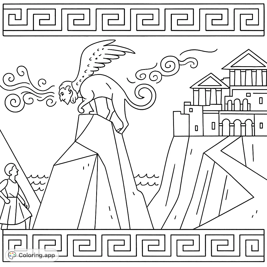 Encounter a majestic sphinx perched on a rocky peak, overlooking an ancient city. A captivating scene inspired by classical mythology, perfect for detailed coloring.