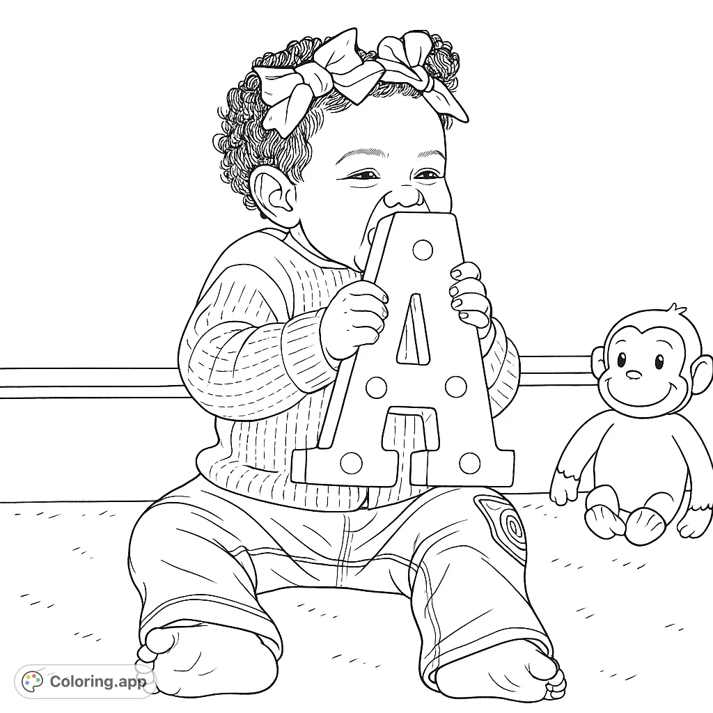 A delightful baby smiles while holding a large letter 'A', accompanied by a friendly plush monkey. A charming scene for all ages to color.