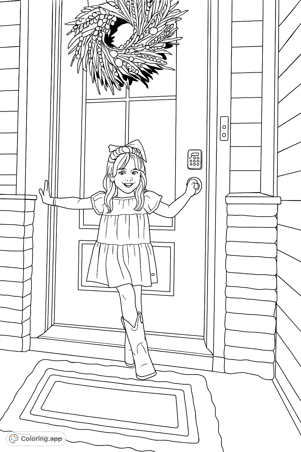 A charming coloring page featuring a young girl in a polka dot dress and boots, standing proudly in front of a detailed door with a decorative wreath.