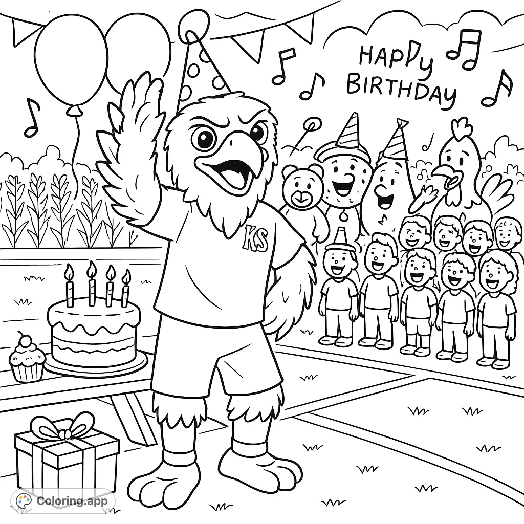 Join a festive birthday party on a soccer field! A hawk mascot celebrates with friends, balloons, and a singing crowd. A fun, detailed coloring page.
