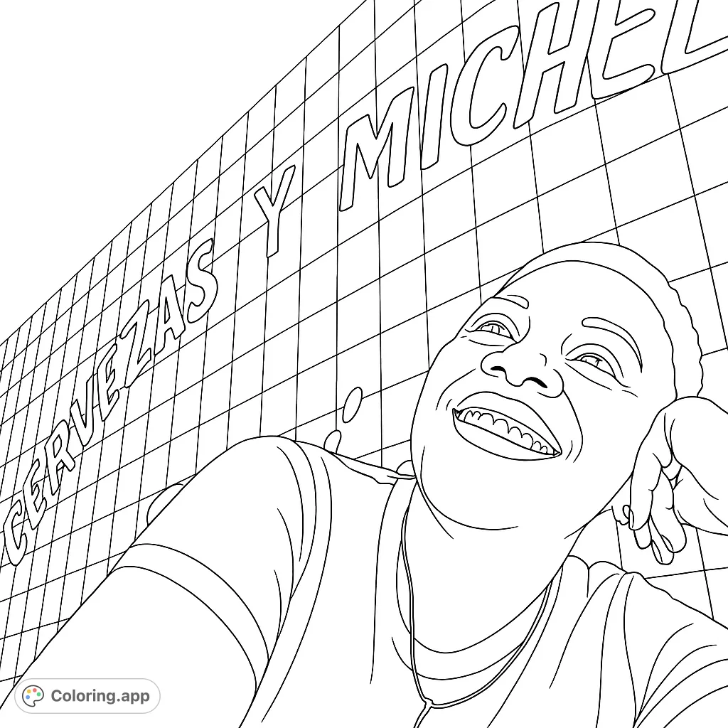 Capture a moment of joy with this coloring page featuring a smiling person against a tiled wall with decorative lettering. Perfect for relaxation!