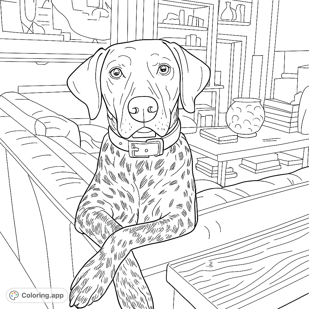 An attentive spotted dog with crossed paws sits on a cozy couch, inviting colorists to bring its unique fur pattern and domestic scene to life.