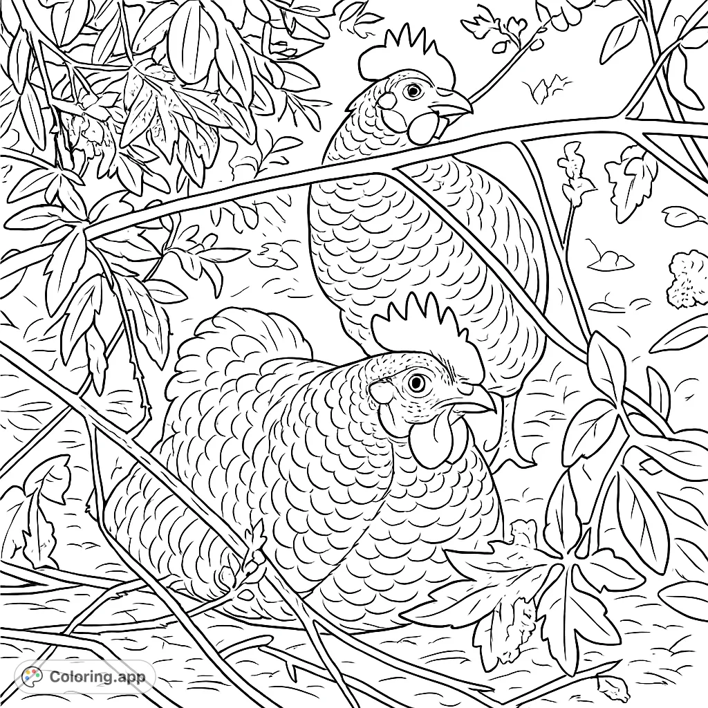 Discover two detailed barred fowl nestled among lush foliage. A captivating farm animal coloring page perfect for nature enthusiasts and detailed coloring.