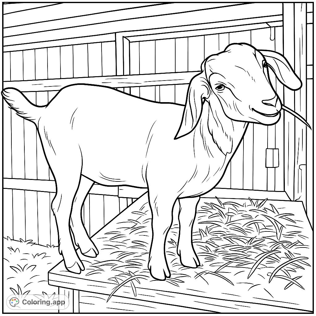 A charming goat stands on a hay-covered wooden platform in a barn, offering a delightful farm animal coloring page for all ages.