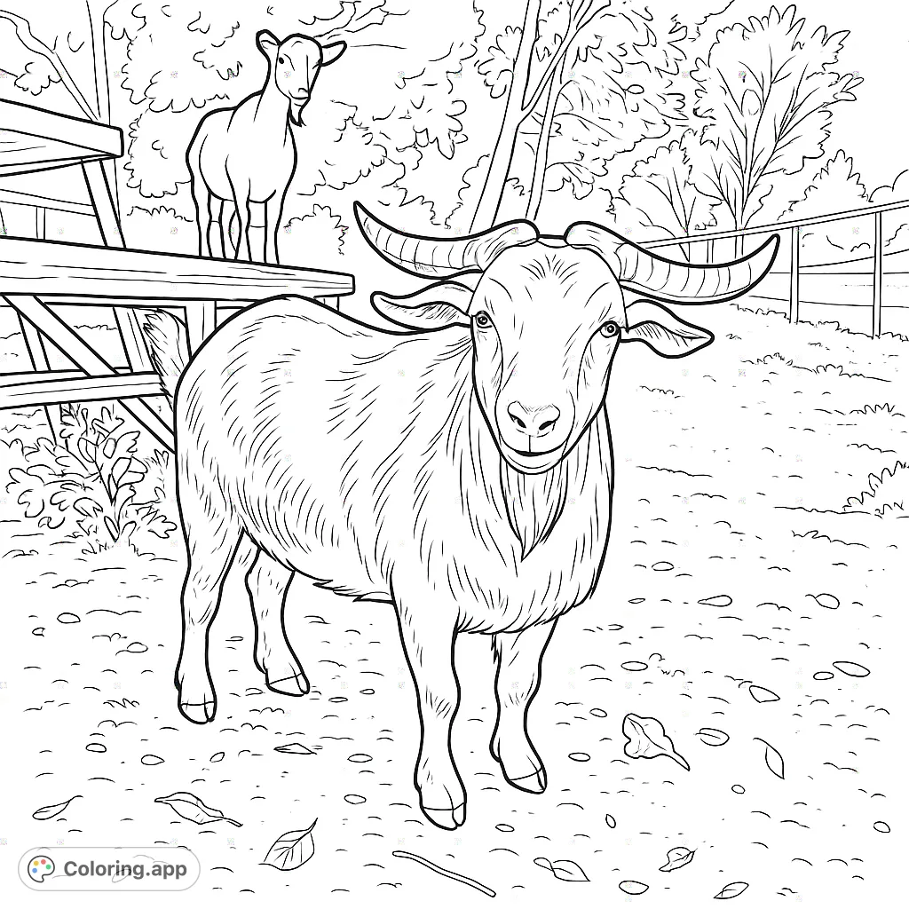 Discover a charming goat coloring page featuring two friendly goats in a rustic outdoor setting. Perfect for animal lovers of all ages!