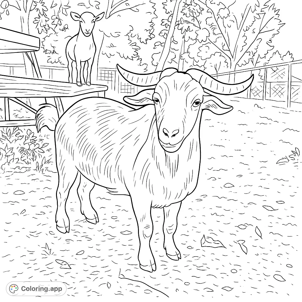 Discover a charming goat duo in their outdoor setting. This free printable goat coloring page offers delightful details for all ages to enjoy.