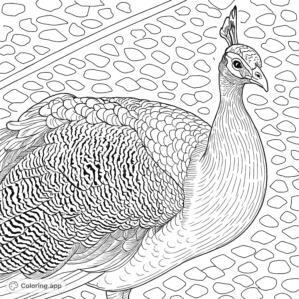 Color a magnificent peacock with intricate feather patterns and a regal pose, perfect for nature lovers and detailed coloring enthusiasts.