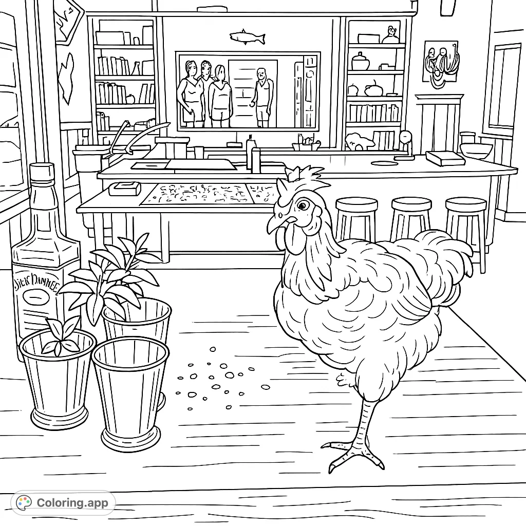 A humorous coloring page featuring a chicken in a fancy hat on a table with a bottle and cups, set against a detailed living room background.