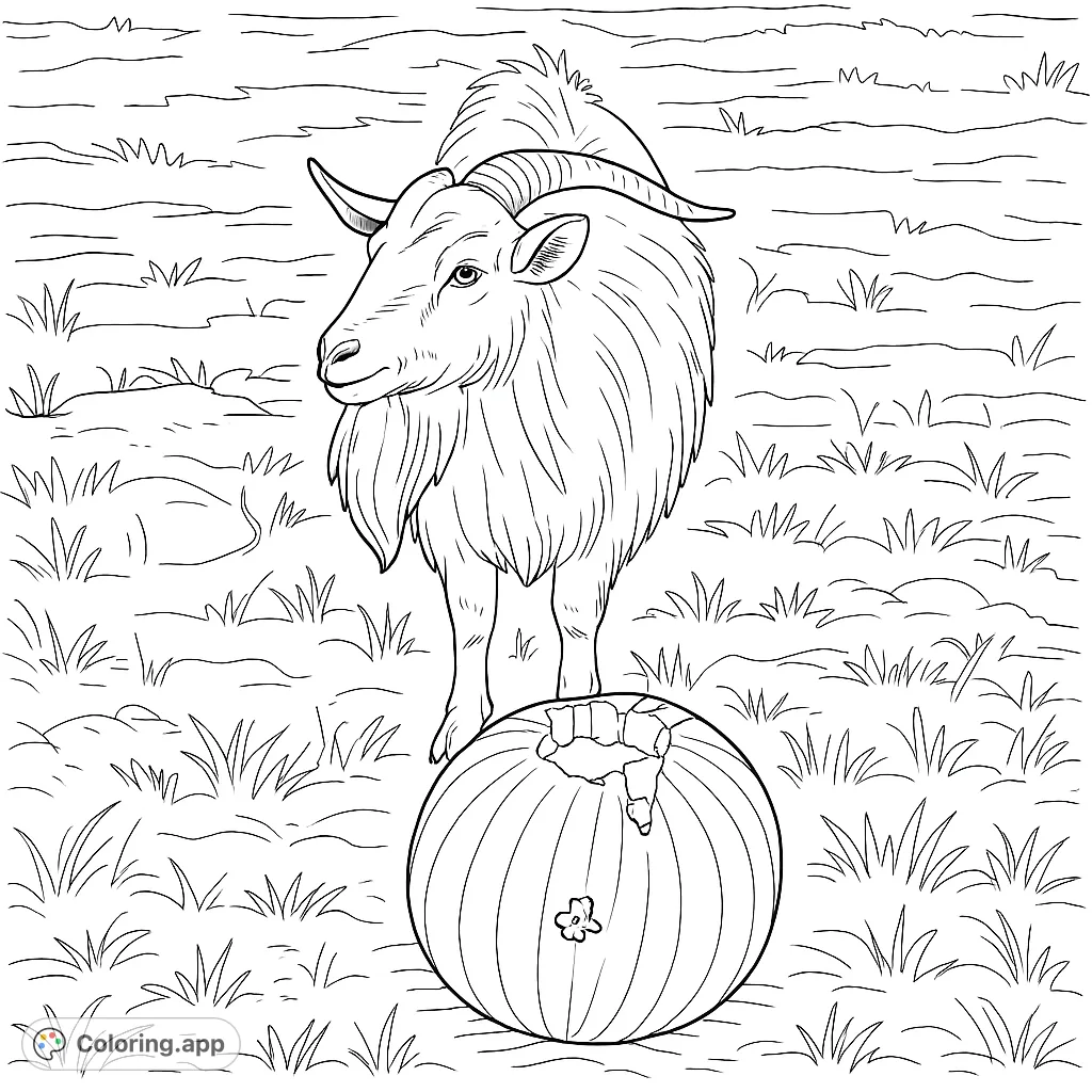 A charming goat stands beside a textured pumpkin in a grassy field. Perfect for autumn and farm animal enthusiasts, offering delightful details to color.