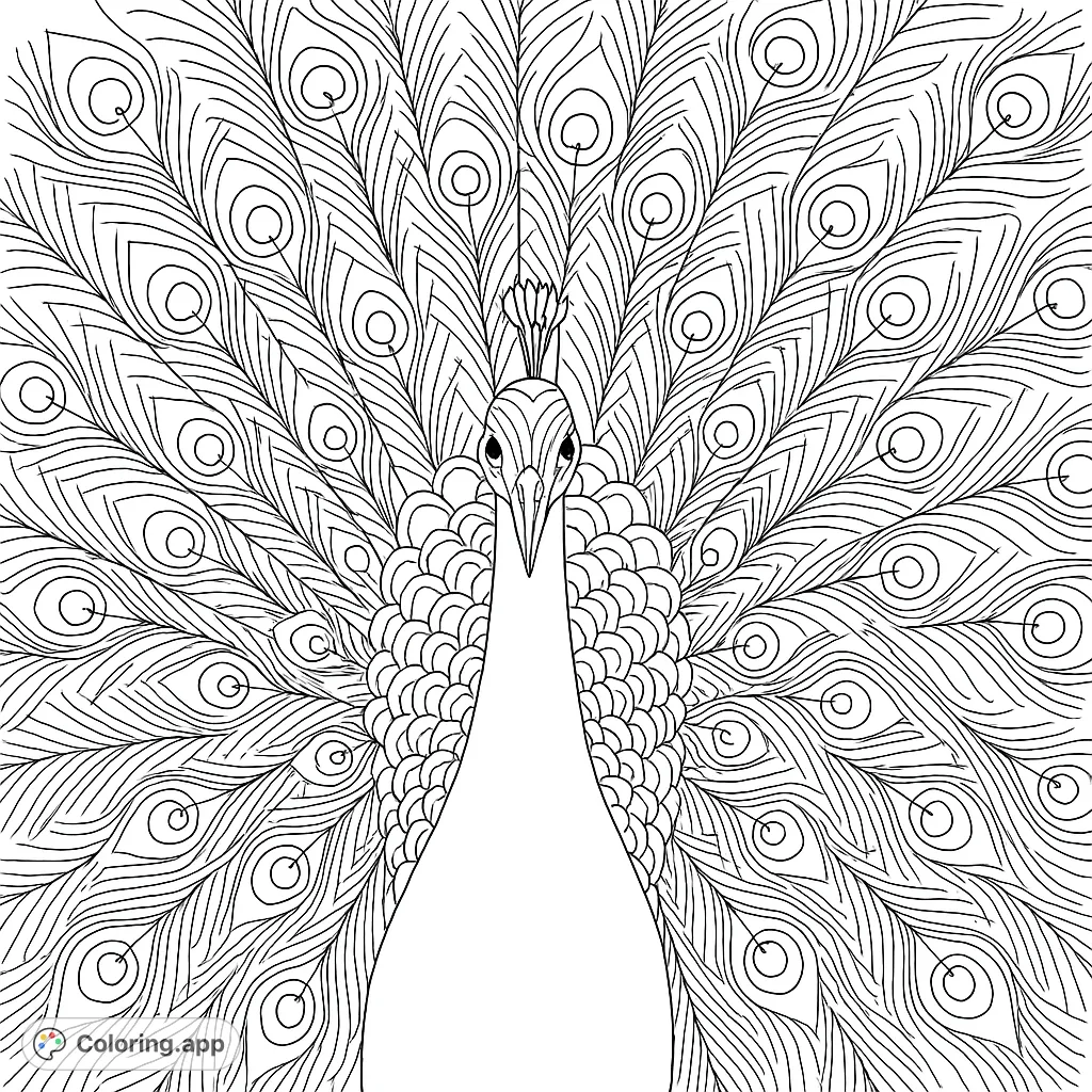 A majestic peacock displaying its magnificent fanned tail feathers, adorned with intricate eye patterns. A beautiful and detailed bird coloring page.