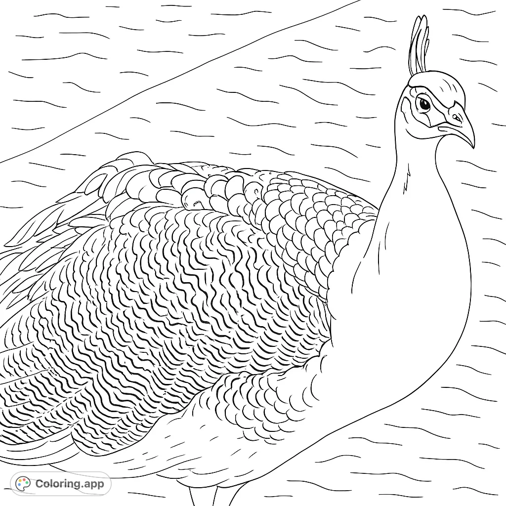 A stunning peacock with intricate feather patterns, perfect for detailed coloring. Explore the beauty of this magnificent bird.