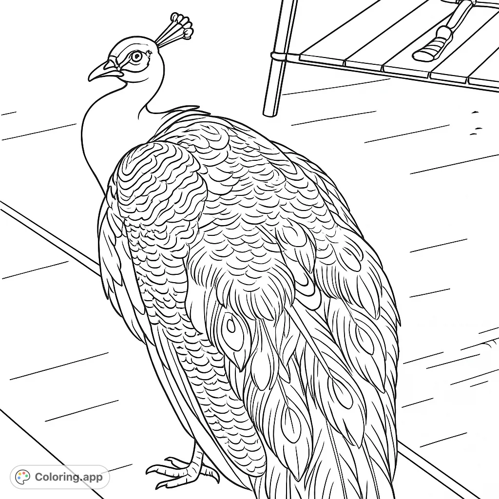 A majestic peacock with a detailed crest and intricate feather patterns, looking over its shoulder, ready for your creative touch.