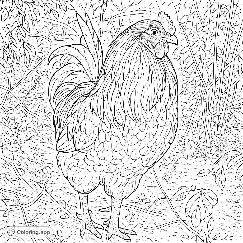 A detailed rooster coloring page featuring a majestic bird with intricate feather patterns in a natural setting. Perfect for farm animal enthusiasts.