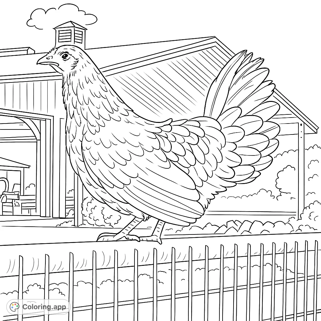 A detailed coloring page featuring a proud chicken perched on a rustic rail, with a barn and natural landscape in the background. Perfect for farm animal enthusiasts.
