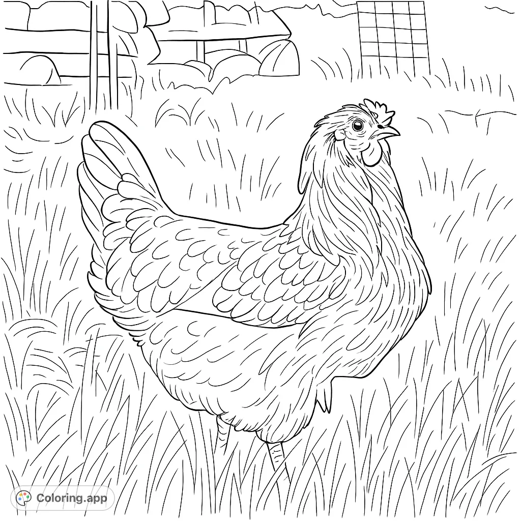 A charming chicken stands proudly in a grassy field, ready for your creative touch. Perfect for farm animal enthusiasts and nature lovers.