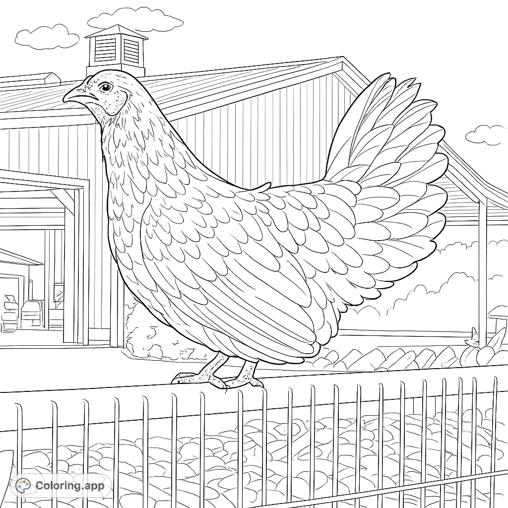 A majestic farm fowl perched on a rustic fence, set against a barn and open sky. Perfect for animal lovers and farm-themed coloring.