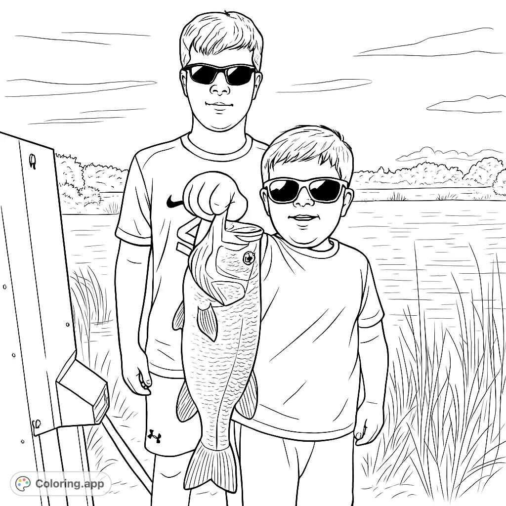 Two boys proudly display their large fish catch by a serene pond, surrounded by nature. A perfect fishing coloring page for young adventurers!