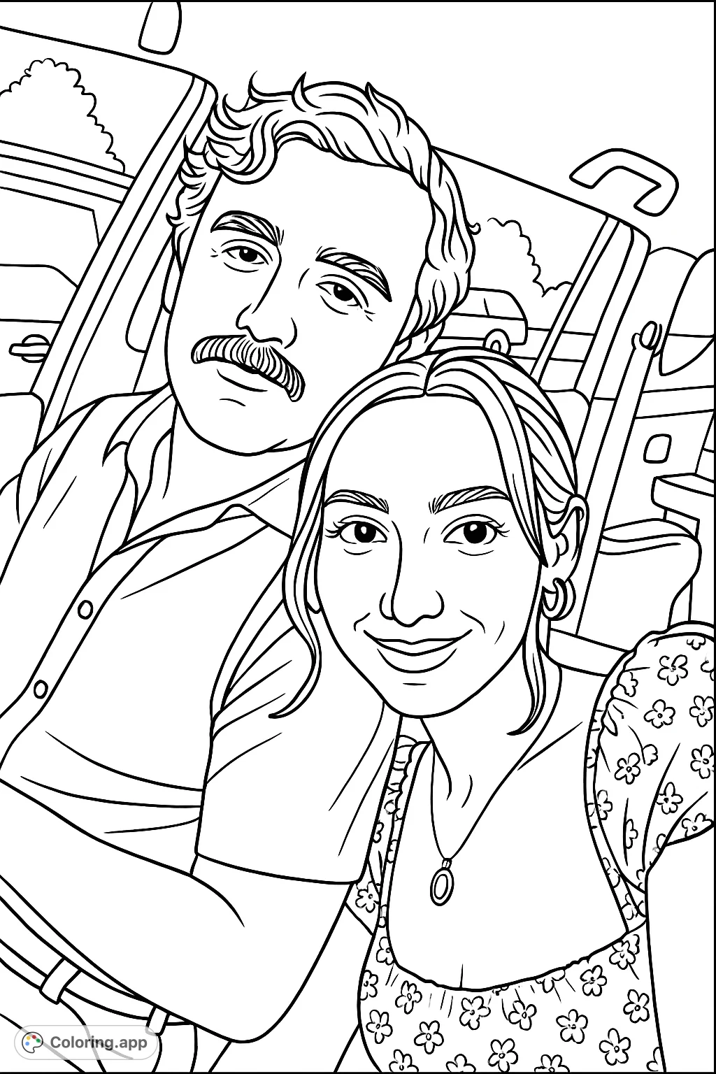 A cartoony coloring page featuring a smiling couple in a car, perfect for a fun and relaxing creative session. Enjoy bringing this sweet scene to life!