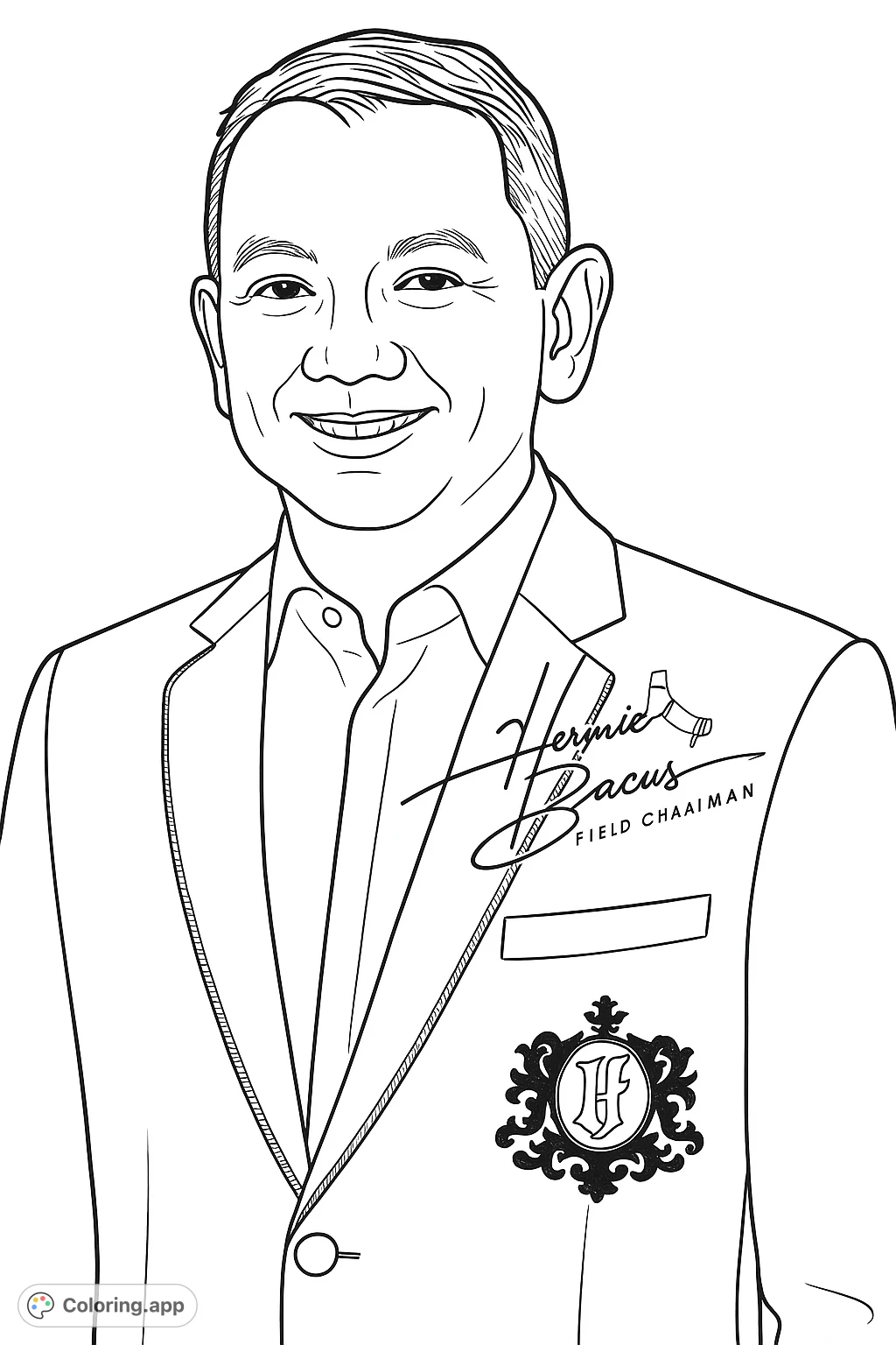 Color a distinguished portrait of a smiling man in a formal jacket with intricate details, including an embroidered emblem and elegant signature.