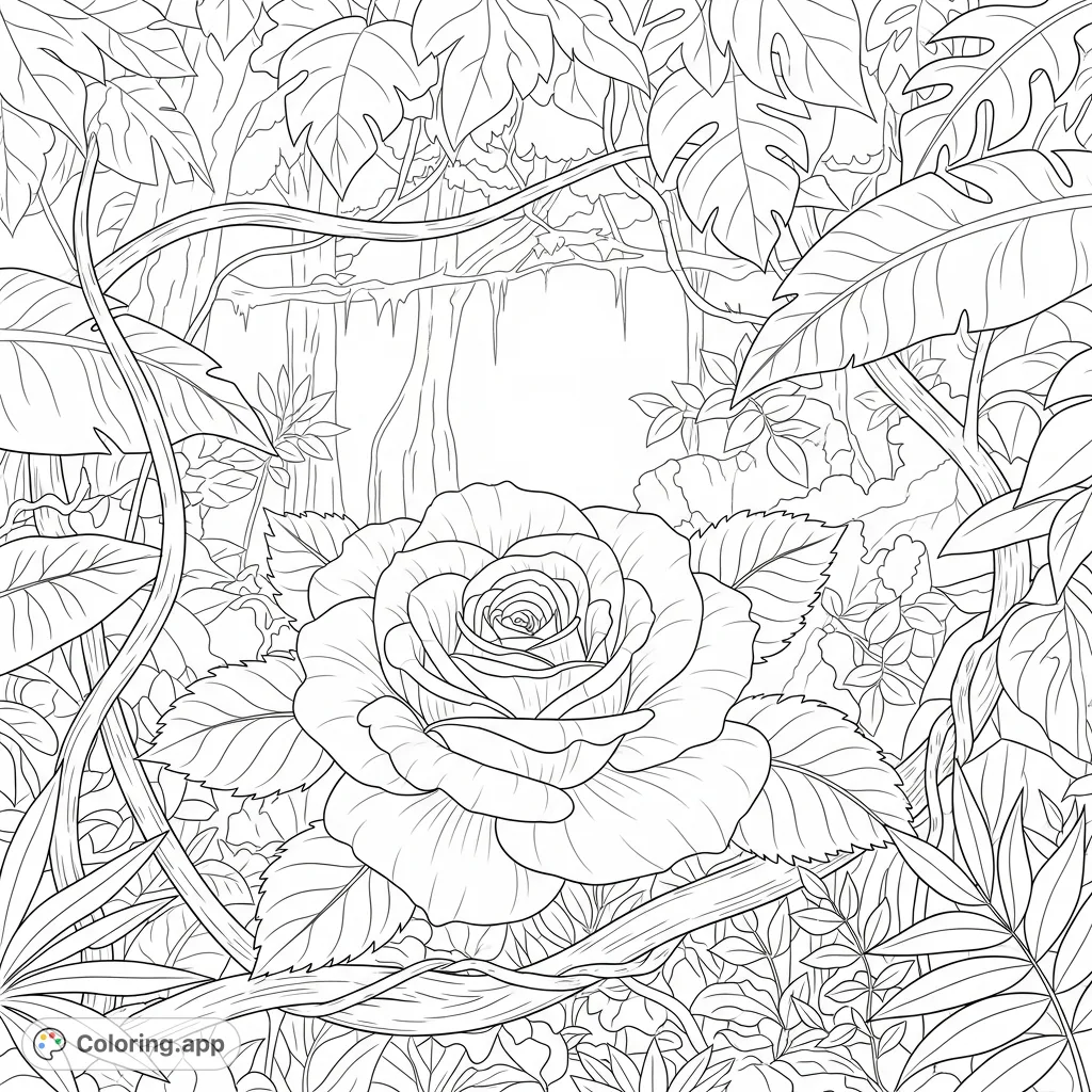 Discover a beautiful rose blooming amidst lush jungle foliage. This nature coloring page offers intricate details for a captivating coloring experience.
